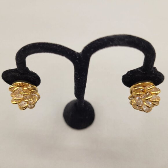 Monet Crystal Flower Clusters Gold Tone Clip-On Earrings Layered 3D - Picture 4 of 6